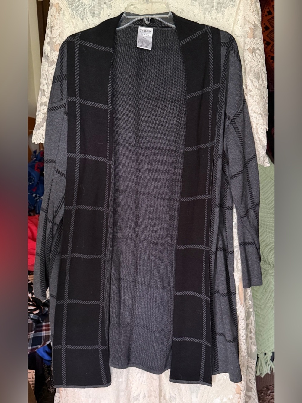 Serra Open-Front Windowpane Cardigan Sweater - Black & Gray